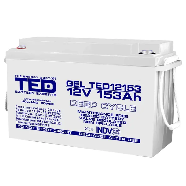 Acumulator GEL 12V 153Ah Deep Cycle, M8, pentru sisteme solare, rulota, cabana si aplicatii off-grid, 12V backup energetic