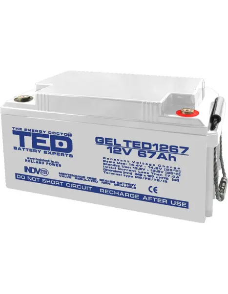 Acumulator GEL Deep Cycle 12V 67Ah VRLA, terminal M6, 350×166×176 mm, TED Battery Expert Holland TED003461
