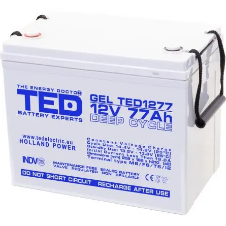 Acumulator gel Deep Cycle Ted Electric 12V 77Ah, terminal M6, pentru solar, UPS si echipamente industriale, 259 x 168 x 211 mm