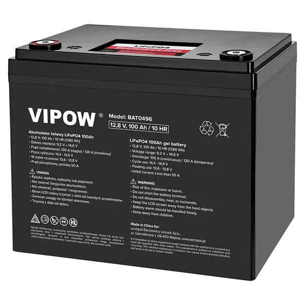 Acumulator gel LiFePO4 Vipow 12.8V 100Ah, fara mentenanta, 195 x 280 x 295 mm