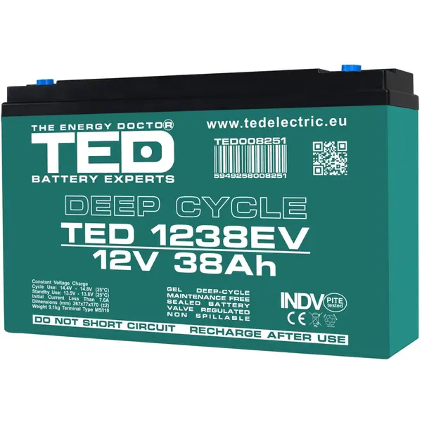 Acumulator GEL VRLA 12V 38Ah Deep Cycle pentru vehicule electrice M5 TED Battery Expert Holland TED008251
