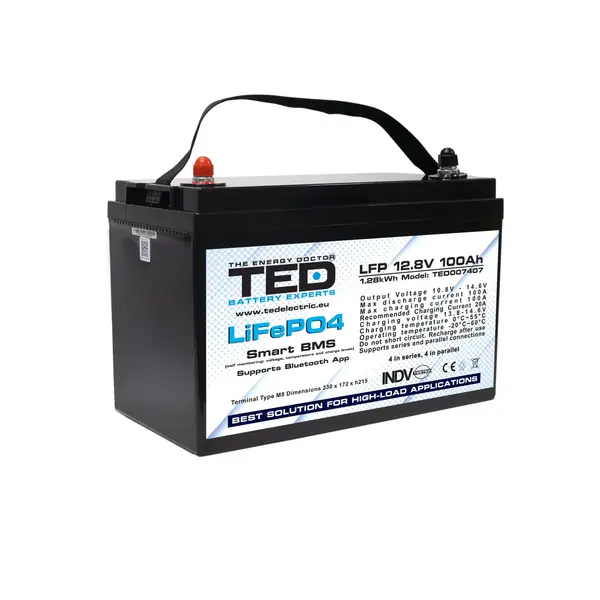 Acumulator LiFePO4 12 100Ah cu BMS integrat si Bluetooth, Deep Cycle pentru sisteme solare, rulota si off-grid, conexiune M8