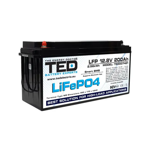 Acumulator LiFePO4 12.8V 200Ah 2560Wh BMS integrat Bluetooth terminal M8 TED Electric TED007421