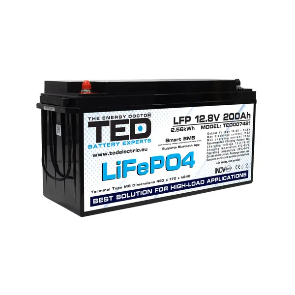 Acumulator LiFePO4 12.8V 200Ah cu BMS integrat si Bluetooth, Deep Cycle pentru sisteme solare, rulota si off-grid, conexiune M8
