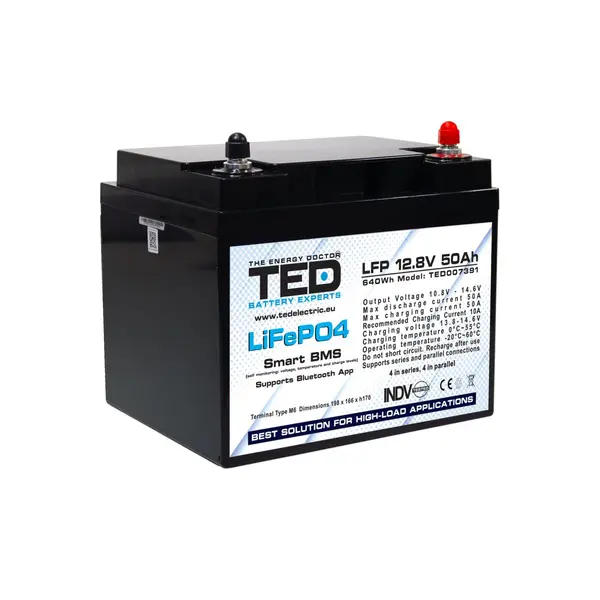 Acumulator LiFePO4 12.8V 50Ah 640Wh cu BMS integrat și Bluetooth, terminal M6, TED Electric TED007391
