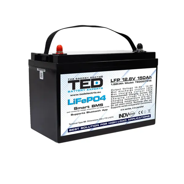 Acumulator LiFePO4 12V 150Ah cu BMS integrat si Bluetooth, Deep Cycle pentru sisteme solare, rulota si off-grid, conexiune M8
