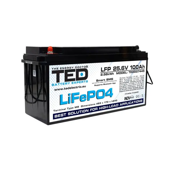 Acumulator LiFePO4 25.6V 100Ah cu BMS integrat și Bluetooth, terminal M8, TED Electric TED007445