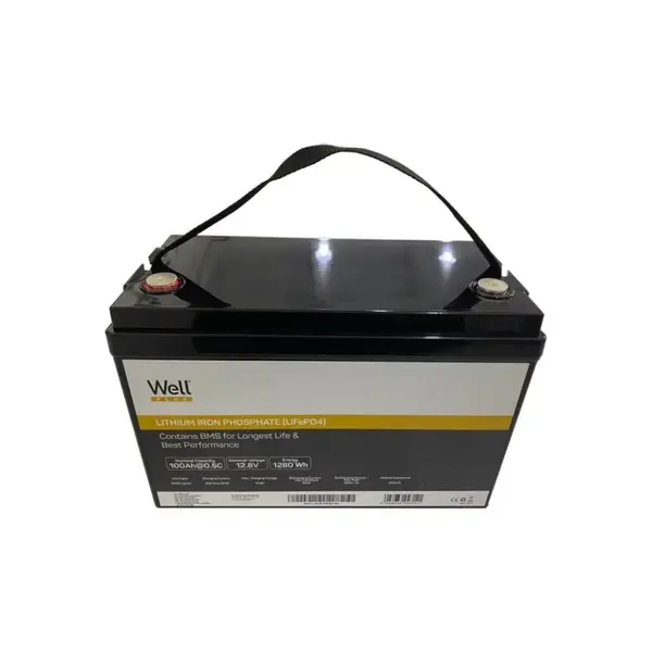 Acumulator litiu LiFePO4 Well 12.8V 100Ah, cu BMS, terminal M8, 334x175x218mm