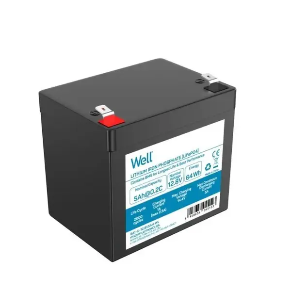 Acumulator litiu LiFePO4 Well 12.8V 5Ah, terminal F2, 90x70x101(107)mm