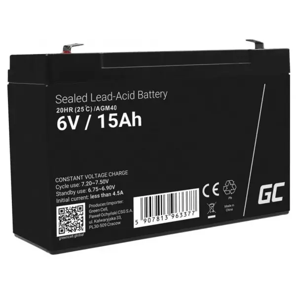 Acumulator plumb acid GreenCell 6V 15AH, terminal F1/T1, AGM40