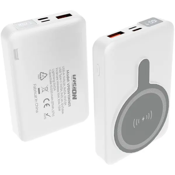 Acumulator portabil Vision Touch, Magnetic Holder, incarcare wireless, PD, QC, Qi, Type-C, 10.000 mAh, 37Wh, alb, VPBW10KN01