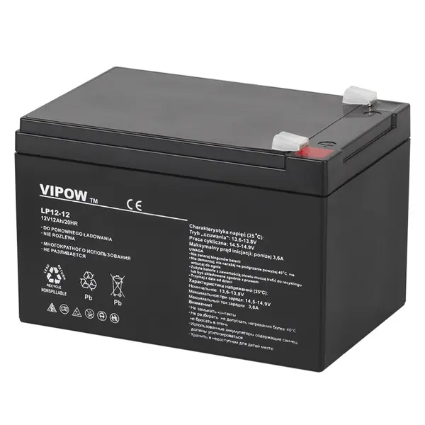 Acumulator staționar AGM VRLA 12V 12Ah, borne F2, pentru UPS, alarme, CCTV, control acces - VIPOW BAT0216