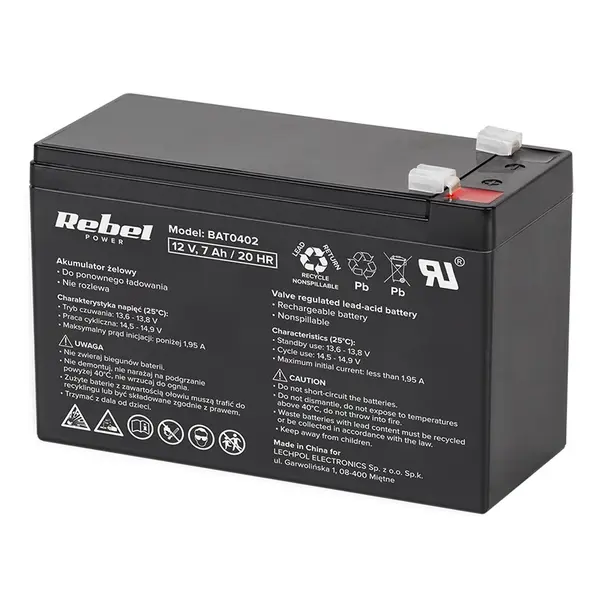 Acumulator stationar AGM VRLA REBEL 12V 7Ah, baterie plumb acid etansa pentru UPS, alarma, CCTV