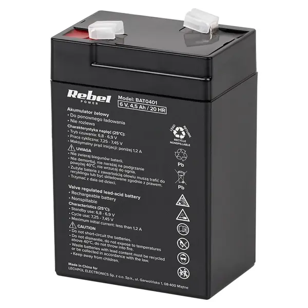 Acumulator stationar AGM VRLA REBEL 6V 4.5Ah, baterie plumb acid etansa pentru UPS