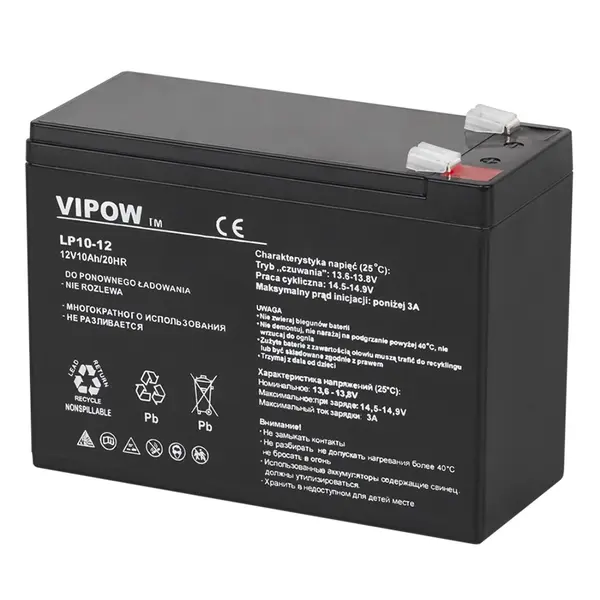 Acumulator stationar AGM VRLA VIPOW 12V 10Ah, baterie plumb acid etansa pentru UPS, alarma, CCTV, control acces, borne F2