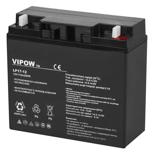 Acumulator stationar AGM VRLA VIPOW 12V 17Ah, baterie plumb acid etansa pentru UPS, CCTV, alarma, control acces, borne F3