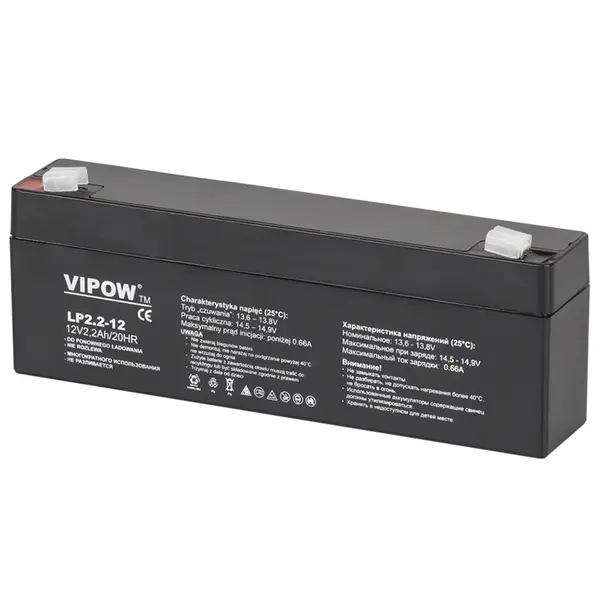 Acumulator stationar AGM VRLA VIPOW 12V 2.2Ah, baterie plumb acid etansa pentru UPS, alarma, CCTV, interfon, borne F1