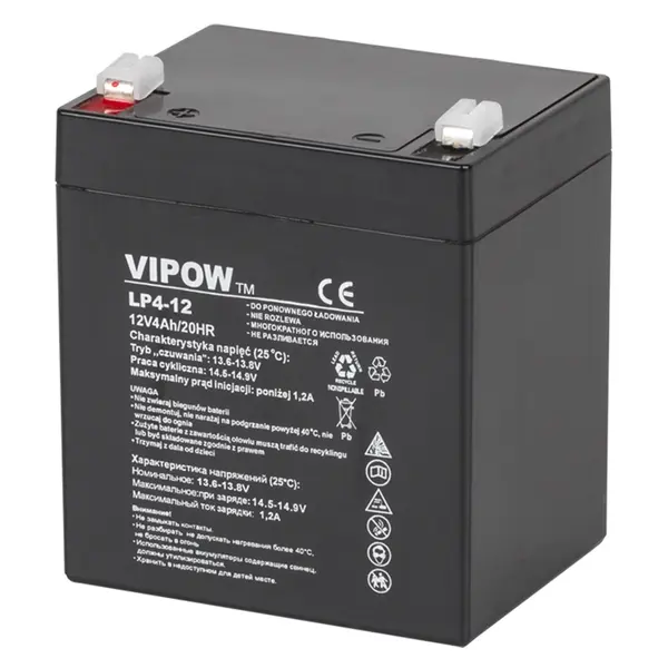 Acumulator stationar AGM VRLA VIPOW 12V 4Ah, baterie plumb acid etansa pentru UPS, alarma, CCTV, interfon, borne F1