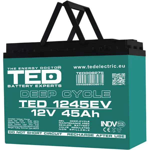 Acumulator TED Electric, AGM VRLA 12V 45Ah Deep Cycle Dimensiuni 222 x 105 x 175 mm Pentru Vehicule Electrice M5 - X00003288