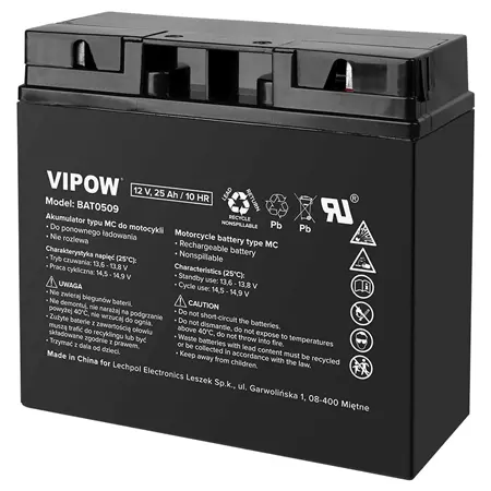 Acumulator VRLA 12V 25Ah pentru vehicule electrice, terminale F3, Vipow BAT0509