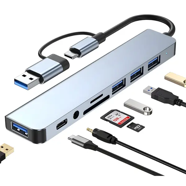 Adaptor Hub USB-C 3.1 Multiport 8-in-2 NewEvo - 3.5 mm Jack Audio, 1 x USB 3.0 Type-A, 3 x USB 2.0 Type-A, 1 x USB 3.0 Type-C data, SD TF Card