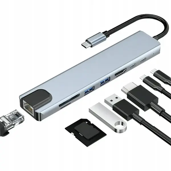 Adaptor Hub USB Type-C 3.1 Multiport 8 in 1 la HDMI 4K, LAN RJ45 Ethernet, 1 x USB Type-C, 2 x USB-A, PD 87W Charging Port, SD TF Card Reader, Docking