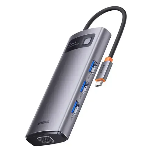 Adaptor Metal Gleam 7in1, Baseus, HUB USB-C, pentru 3x USB3.0, VGA, HDMI 4K, RJ45, 100W PD (Gri)