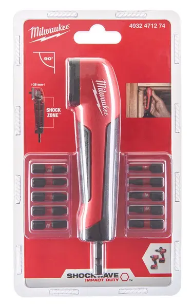 Adaptor pentru insurubat la 90 grade Milwaukee Shockwave, 10 biti, maner ergonomic, 4932471274