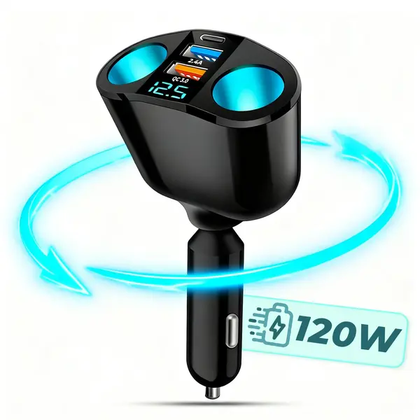 Adaptor priza auto multiplicator 120 W Timebox, 2x soclu auto, 2 x USB, Negru - Default Title
