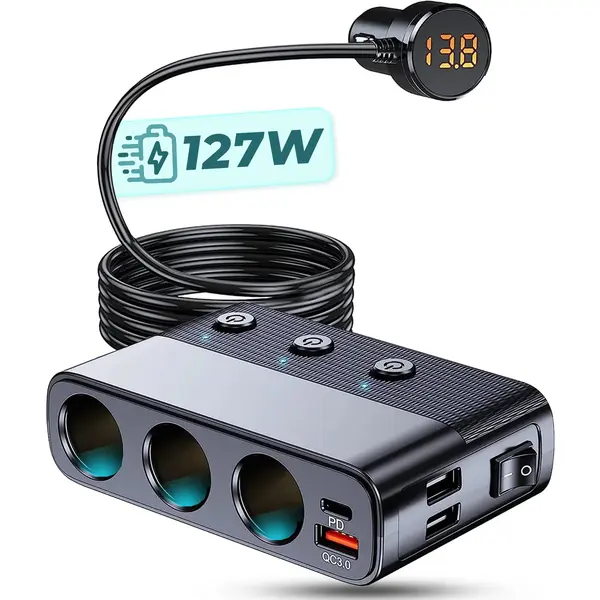 Adaptor priza auto Timebox, 128W, 3 x USB, 1 x USB-C, 7 in 1, 3x soclu masina, Negru - Default Title
