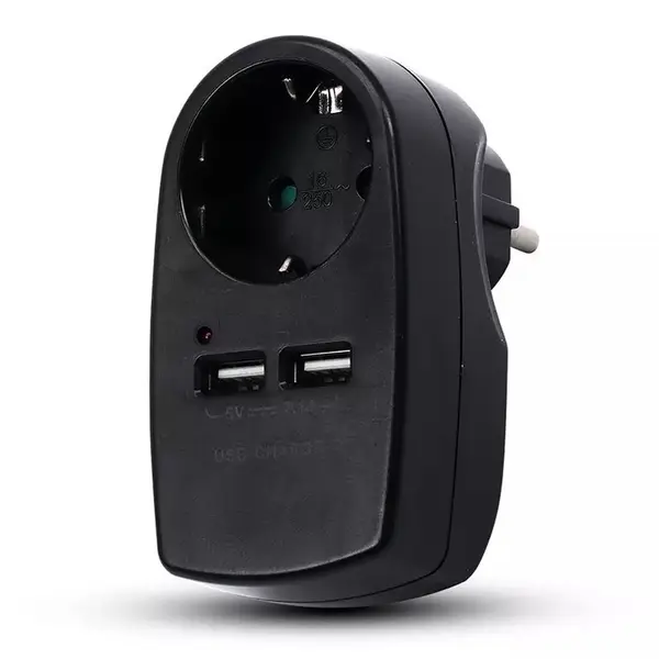 Adaptor priza V-TAC 16A 3680W cu protectie la supratensiune, 1 priza Schuko si 2 porturi USB 2.1A, negru, SKU-8796