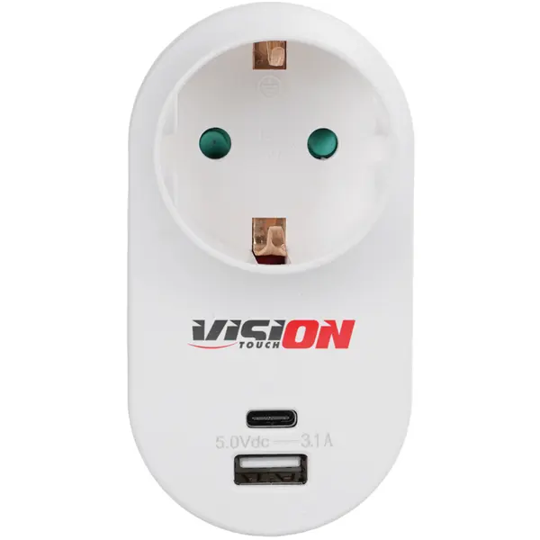 Adaptor priza Vision Touch V1WUSBM01A, Schuko, Protectie copii, Alb