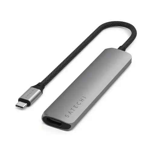 Adaptor Satechi 6-in-1 USB-C Slim Multiport, Hub, Docking Sation, 4K HDMI, USB-A 3.2, USB-C, micro/SD (Gri)