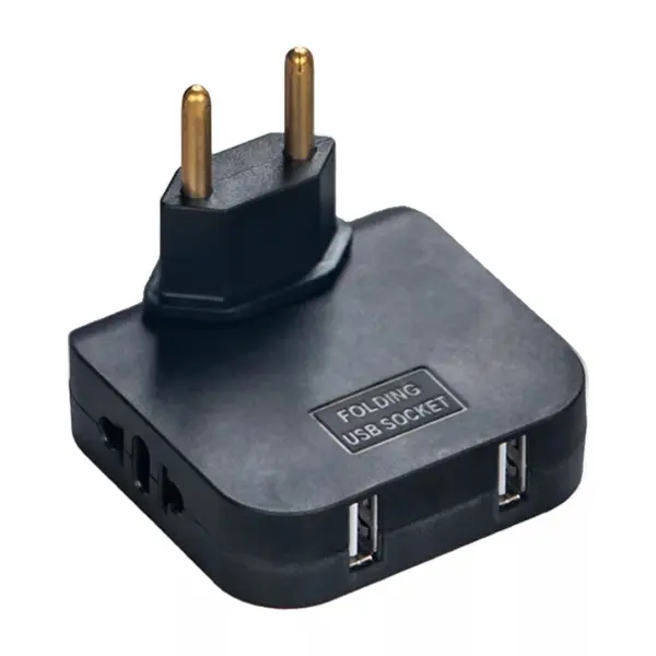 Adaptor Triplu Rotativ 180° cu 2 Prize și 2 Porturi USB Techstar®, 2500W, Negru - Ideal pentru Spatii Inguste