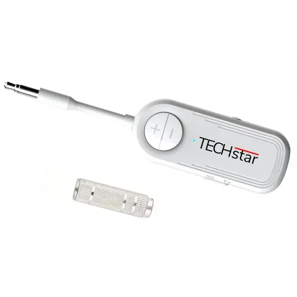 Adaptor Wireless 2 in 1 Receptor si Transmitator Audio TX/RX Techstar® M28 Alb, cu Bluetooth BT 5.3 si Conector Port Audio 3.5mm