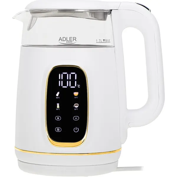 ADLER Fierbator electric Adler AD 1305, Sticla cu afisaj LED si reglare a temperaturii, 1,7 L, 2200W, Alb-Auriu