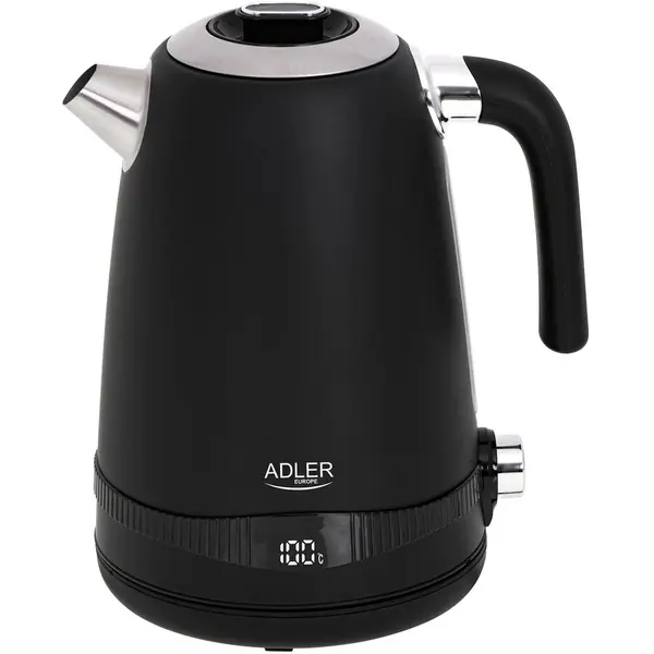 ADLER Fierbator electric, Capacitate 1,7 L, Fara BPA, Control al temperaturii, Otel inoxidabil, 2200 W, Fara fir, Negru