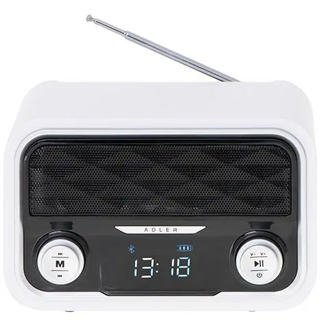 ADLER Radio Bluetooth FM ADLER, 50 de statii de memorie, MP3, Port USB si card SD, Fara fir, Portabil, Baterie 1800 mAh, Micro USB, Alb/Negru (AD1185)