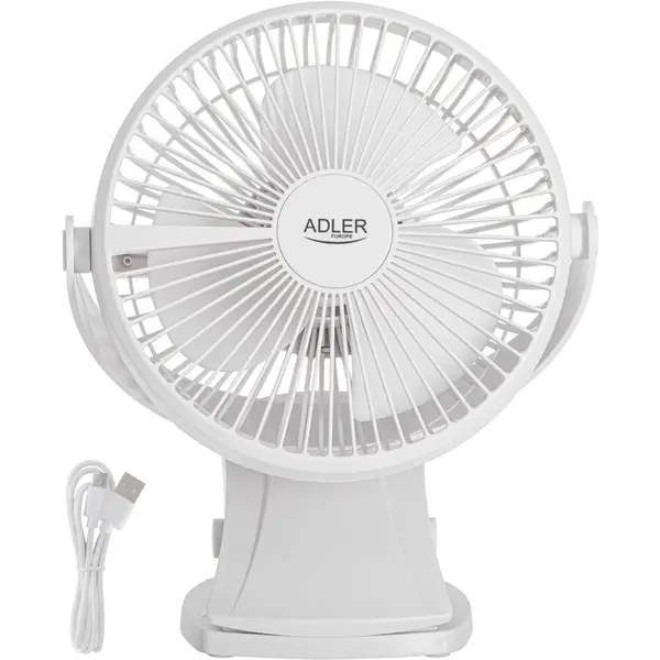 ADLER Ventilator de birou cu clema, reincarcabil Adler AD 7342, diametru alice 15,5 cm, rotatie 360°, USB-C, 5 W, 3 trepte de viteza, Alb