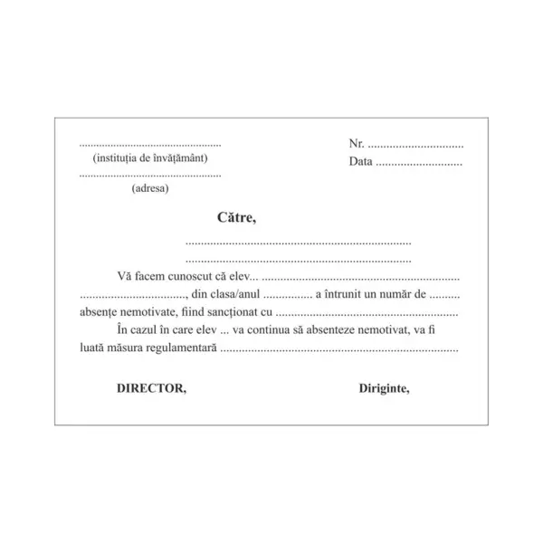 Adresa de instiintare a parintilor privind absentele nemotivate ale elevilor Adresa de instiintare a parintilor privind absentele nemotivate ale elevilor