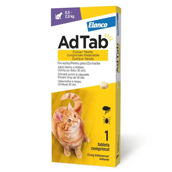 AdTab 12 mg, Antiparazitar Masticabil pentru Pisici (0.5 - 2 kg), 1 Comprimat