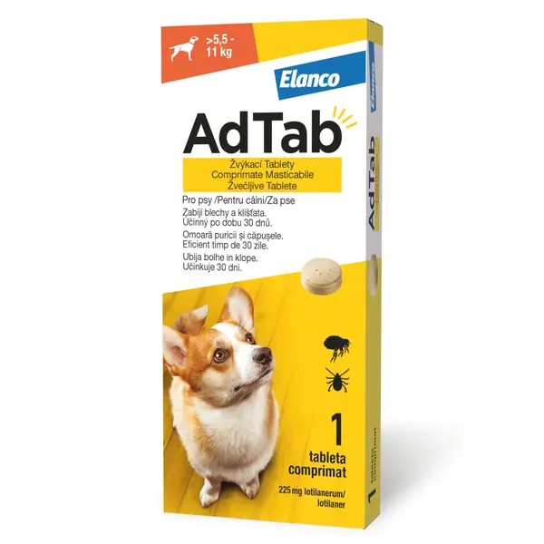 ADTAB, deparazitare externă câini, comprimate masticabile ADTAB, deparazitare externă câini, S(5.5 - 11kg), comprimate masticabile, 225mg x 1buc