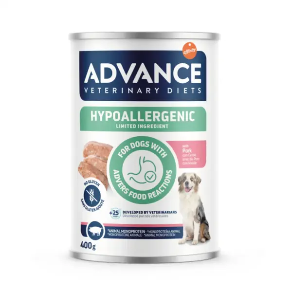 ADVANCE VETERINARY DIETS Hypoalergenic, XS-XL, Porc, dietă veterinară, conservă hrană umedă câini, alergii, (pate), 400g