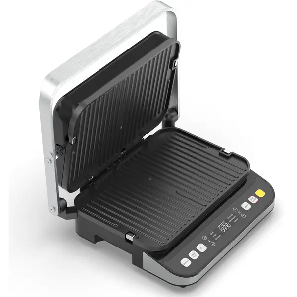 AENO Gratar electric Aeno AEG0005, 2000 W, 6 programe automate, placi cu doua fete 320x220 mm, unghi de deschidere de pana la 180, functie dezghetare, afisaj led, control tactil, temperatura maxima 230°C, tava de scurgere ulei inclusa, Argintiu