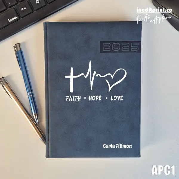 Agenda personalizata 2025 Faith Hope Love APC1 DELUXE PREMIUM, ALBASTRU TEANO