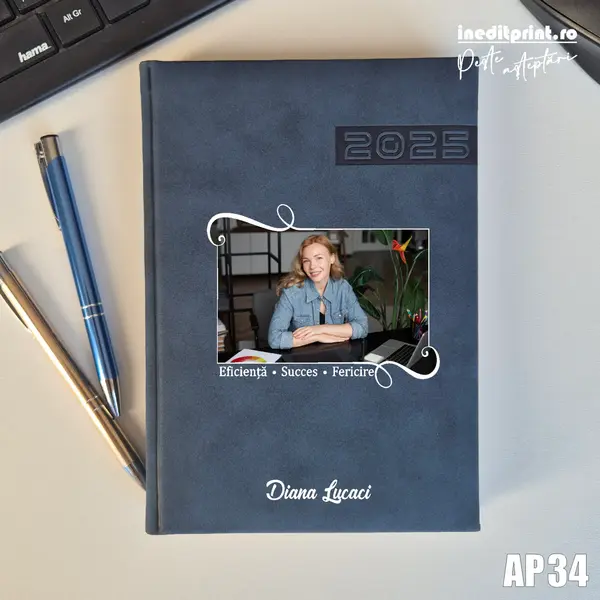 Agenda personalizata 2025 Poza + Text + Motto AP34 ALBASTRU TEANO, DELUXE PREMIUM
