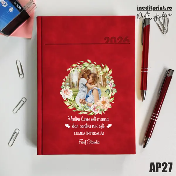 Agenda personalizata 2026 - 8 Martie AP27 DELUXE PREMIUM, Chia Rosu