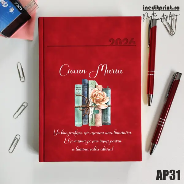 Agenda personalizata 2026 Cadru didactic AP31 DELUXE PREMIUM, Chia Rosu