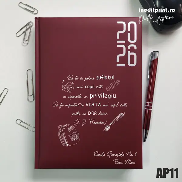 Agenda personalizata 2026 Citat educatie AP11 DATATA RT, Bordo