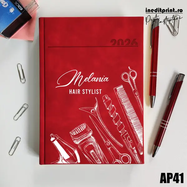 Agenda personalizata 2026 Hair Stylist AP41 DELUXE PREMIUM, Chia Rosu